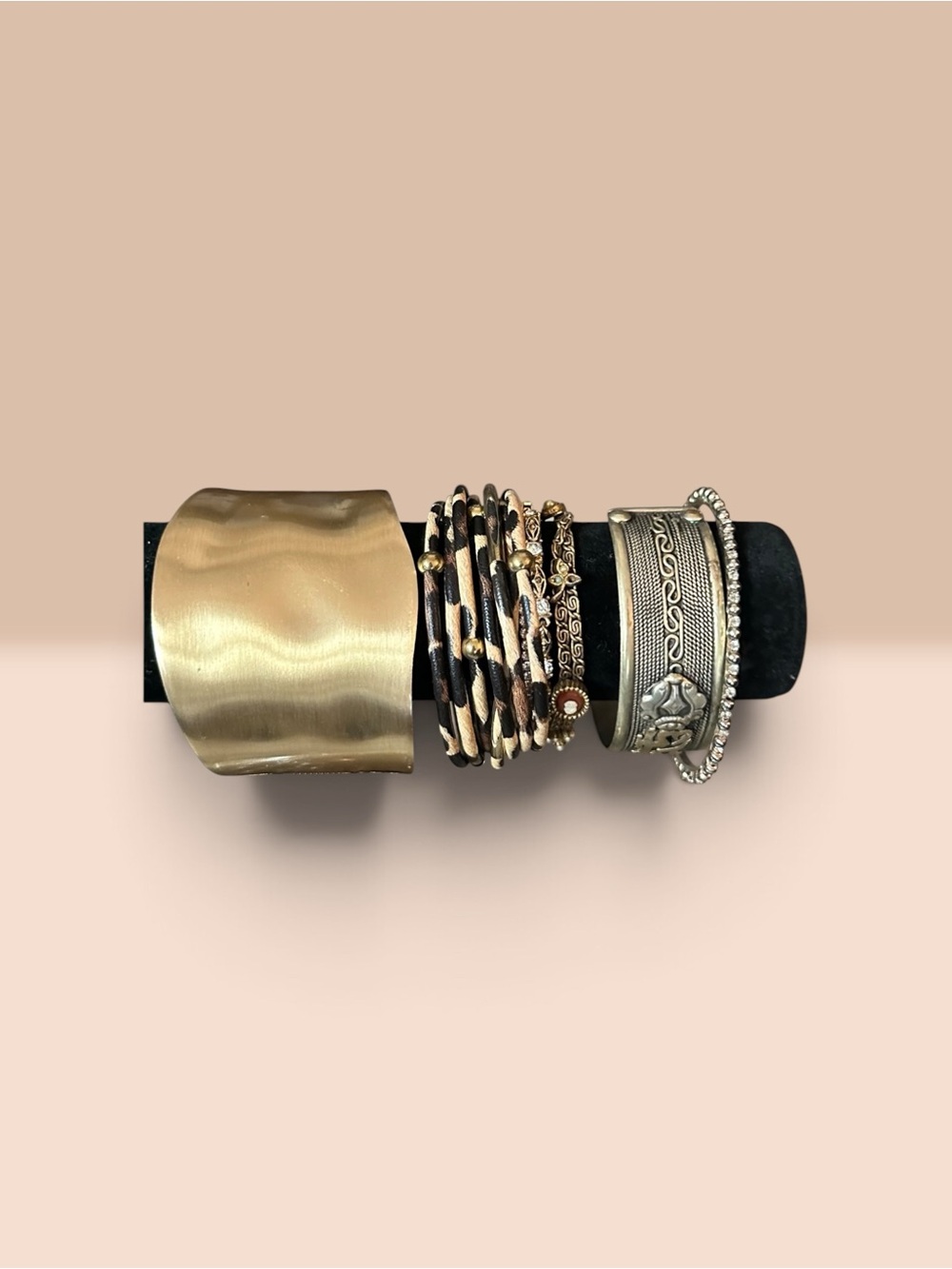 Boho Gold Black Mixed Metal Bracelet Stack Cuff Cheetah Beaded